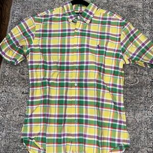 Ralph Lauren yellow, green, red, purple checker button down short sleeve shirt